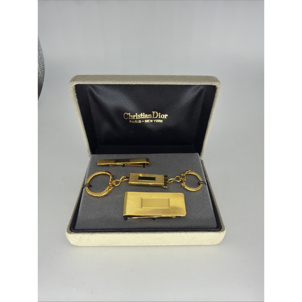 Vintage Christian Dior Accessory Kit Money Clip Tie Bar Keychain Gold Tone Set